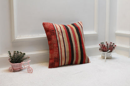 Handmade Wool Kilim Pillow Cover: Upcycled Anatolian Rug, 16x16 inch