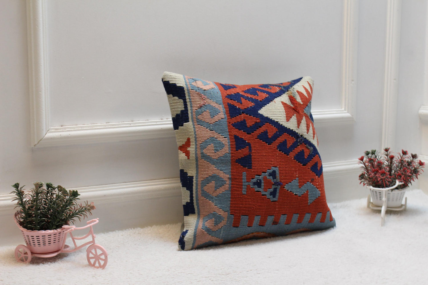 Handmade Turkish Rug Pillow Cover: Upcycled Kilim, Bohemian Decor (16x16 inch)
