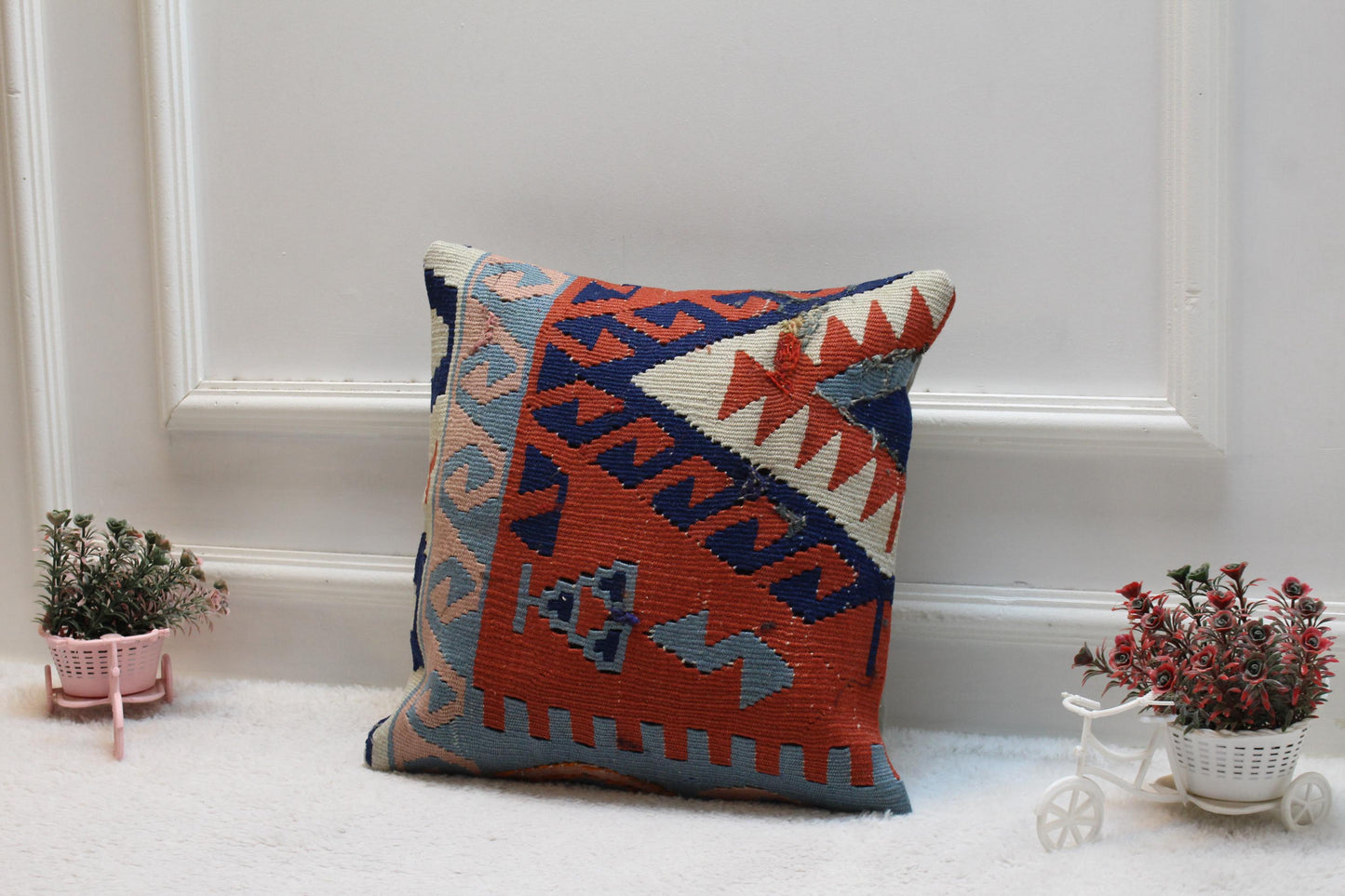 Handmade Turkish Rug Pillow Cover: Upcycled Kilim, Bohemian Decor (16x16 inch)