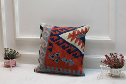 Handmade Turkish Rug Pillow Cover: Upcycled Kilim, Bohemian Decor (16x16 inch)