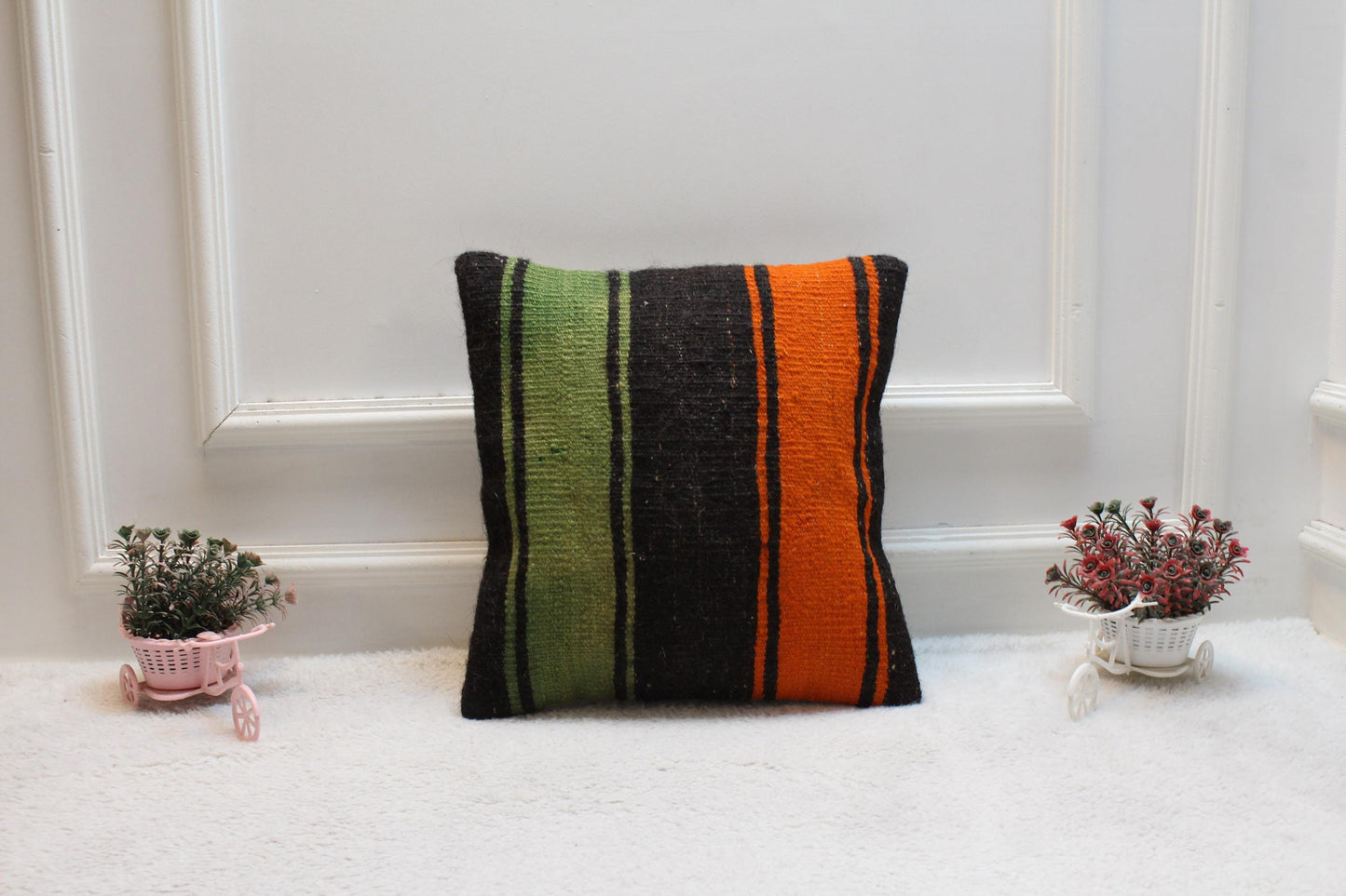 Handmade Kilim Pillow Cover: Upcycled Woven Rug, Green-Orange-Black (16x16 Inch)