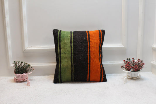 Handmade Kilim Pillow Cover: Upcycled Woven Rug, Green-Orange-Black (16x16 Inch)