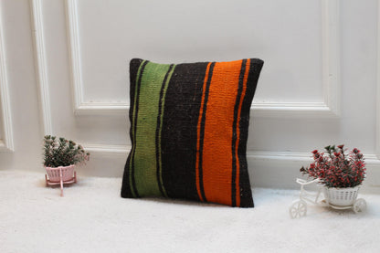 Handmade Kilim Pillow Cover: Upcycled Woven Rug, Green-Orange-Black (16x16 Inch)