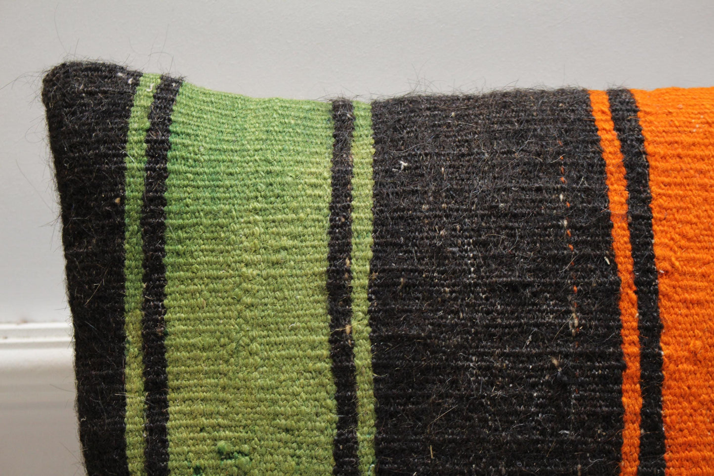 Handmade Kilim Pillow Cover: Upcycled Woven Rug, Green-Orange-Black (16x16 Inch)