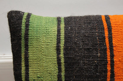 Handmade Kilim Pillow Cover: Upcycled Woven Rug, Green-Orange-Black (16x16 Inch)