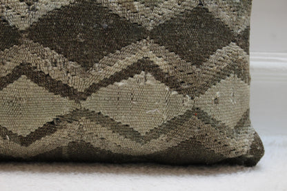 Handmade Kilim Pillow Cover: Geometric Woven Rug Cushion (16X16 inc.)