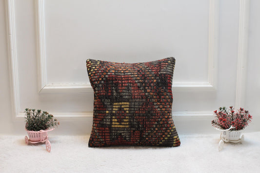 Handmade Turkish Rug Pillow Cover: Vintage Wool, Boho Decor (16x16 in)