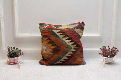 Vintage Turkish Rug Pillow Cover: 16x16 Rainbow Kilim Pillow
