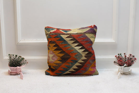 Vintage Turkish Rug Pillow Cover: 16x16 Rainbow Kilim Pillow