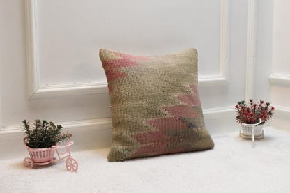 Handmade Geometric Kilim Pillow Cover: Turkish Woven Wool, 16x16 inch