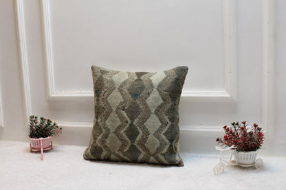 Handmade Kilim Pillow Cover: 16x16 Square Organic Wool, Beige-Brown