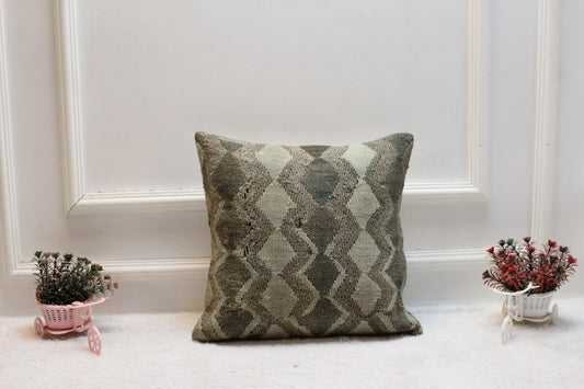 Handmade Kilim Pillow Cover: 16x16 Square Organic Wool, Beige-Brown