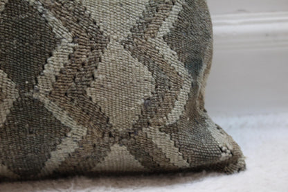 Handmade Kilim Pillow Cover: 16x16 Square Organic Wool, Beige-Brown