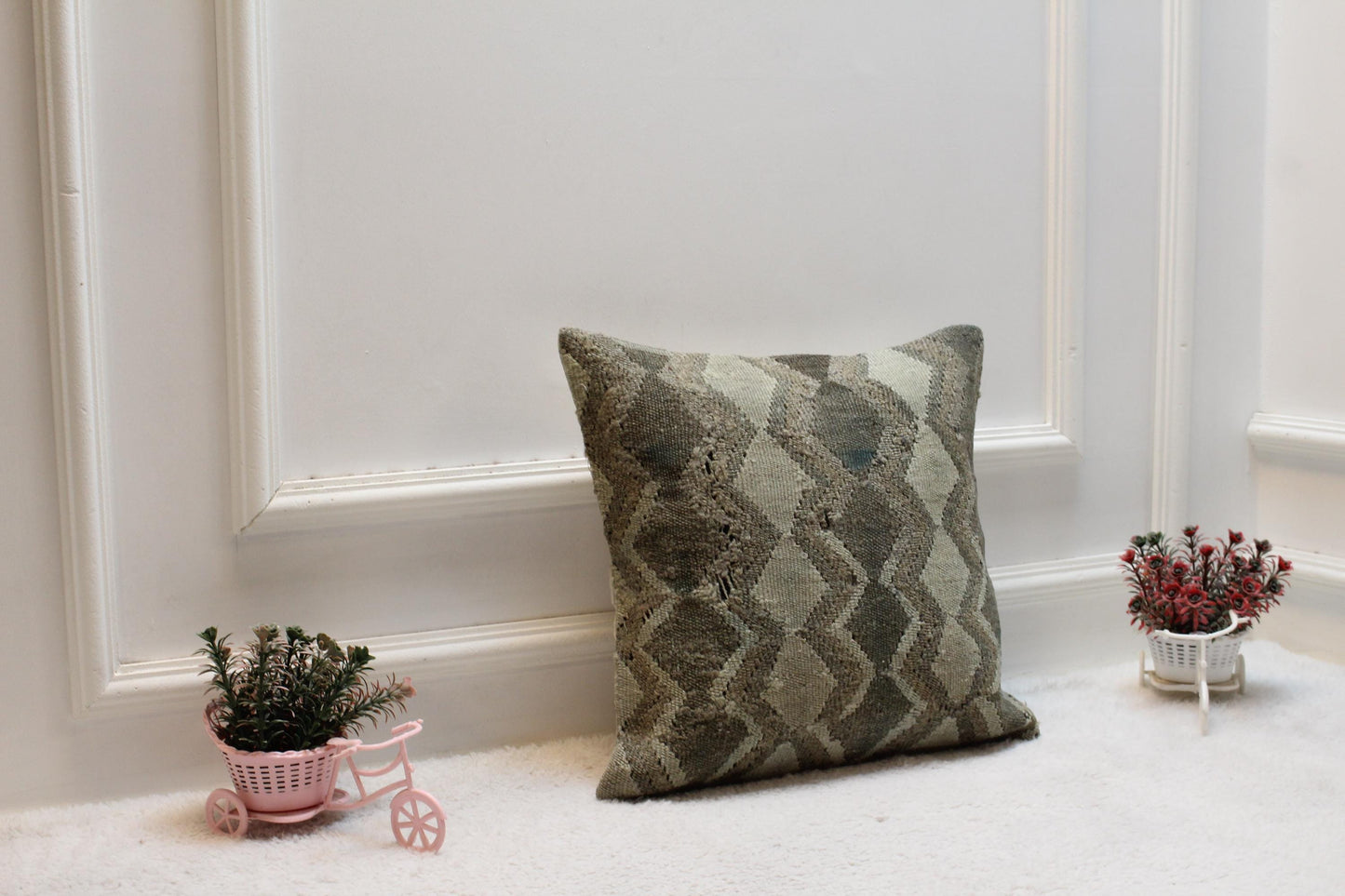 Handmade Kilim Pillow Cover: 16x16 Square Organic Wool, Beige-Brown