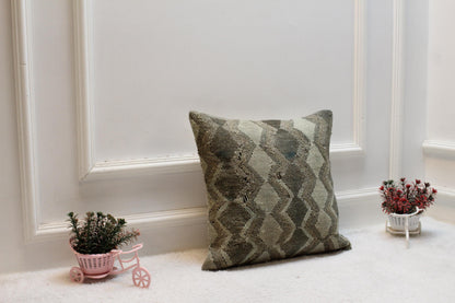 Handmade Kilim Pillow Cover: 16x16 Square Organic Wool, Beige-Brown