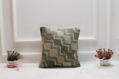Geometric Kilim Pillow Cover: Organic Wool, Beige Brown (16x16 inch)