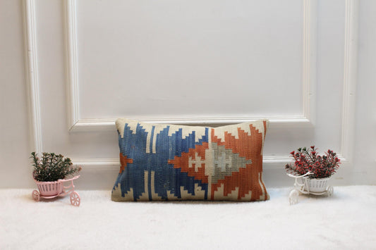 Vintage Turkish Rug Lumbar Pillow Cover: Upcycled Kilim, Bohemian Home Decor (12x20 in)