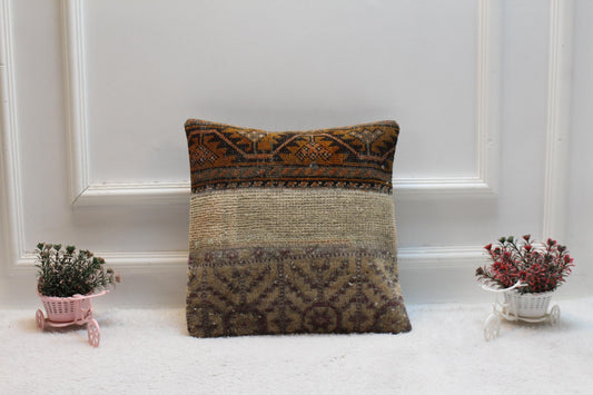 Vintage Turkish Rug Pillow Cover: 16x16 Handmade Kilim Pillow