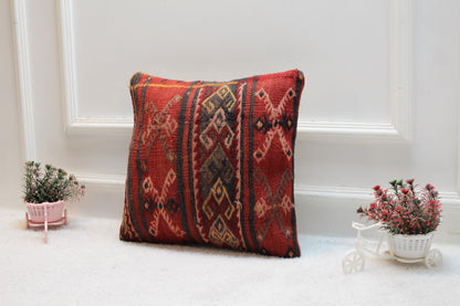 Handmade Kilim Pillow Cover: Upcycled Turkish Rug, Bohemian Home Decor (16x16 inch)