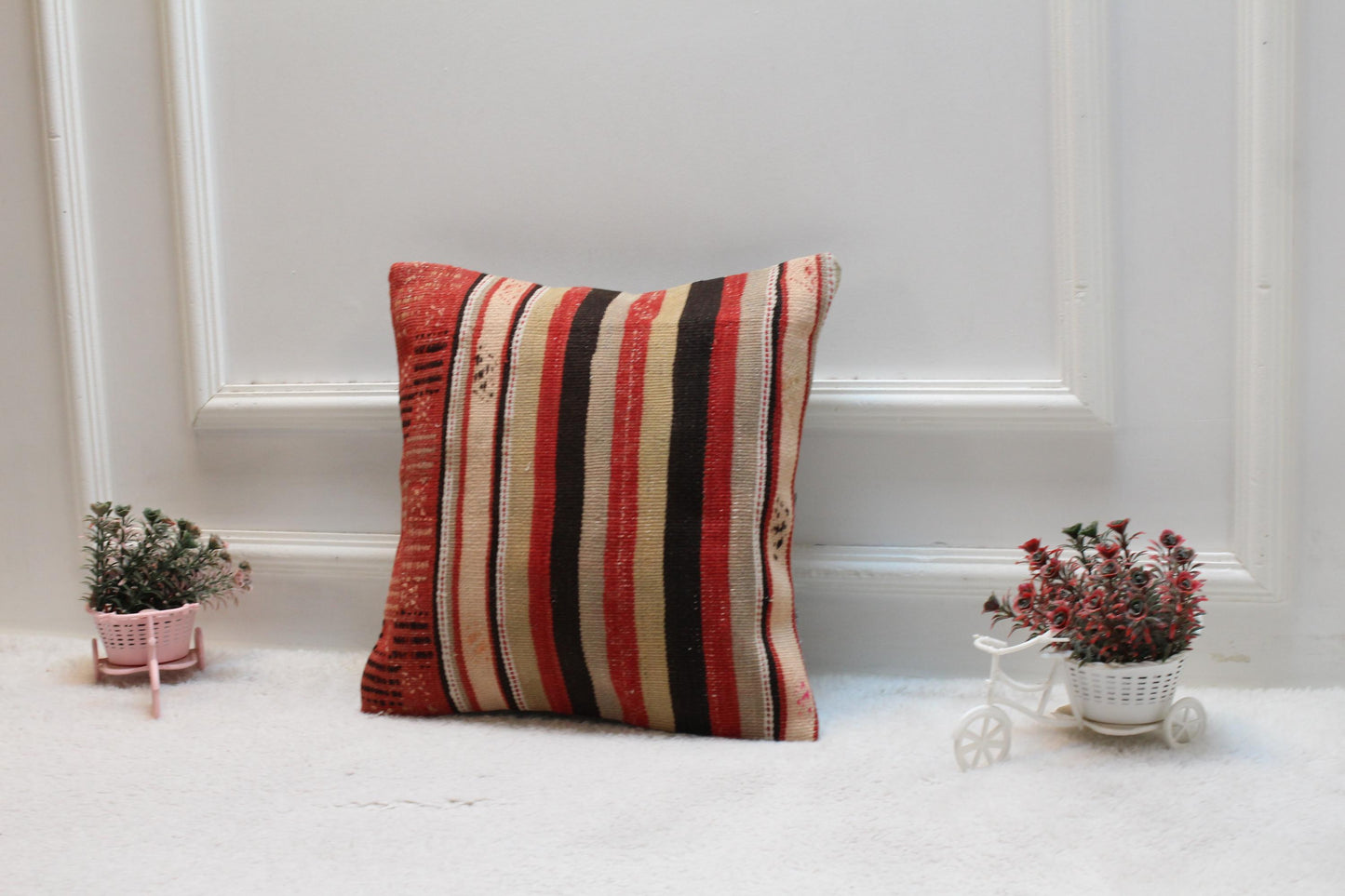 Handmade Wool Kilim Pillow Cover: Upcycled Anatolian Rug, 16x16 inch