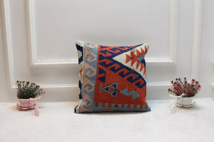 Handmade Turkish Rug Pillow Cover: Upcycled Kilim, Bohemian Decor (16x16 inch)