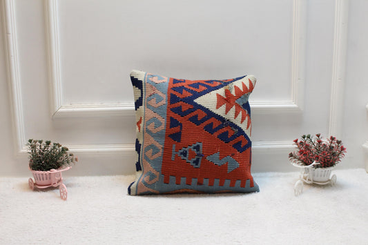 Handmade Turkish Rug Pillow Cover: Upcycled Kilim, Bohemian Decor (16x16 inch)
