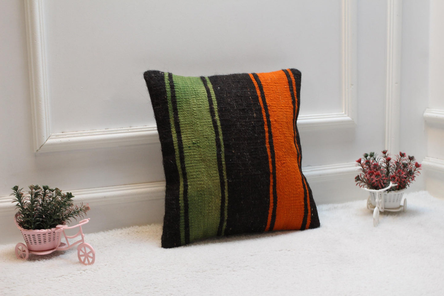 Handmade Kilim Pillow Cover: Upcycled Woven Rug, Green-Orange-Black (16x16 Inch)