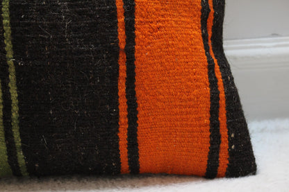 Handmade Kilim Pillow Cover: Upcycled Woven Rug, Green-Orange-Black (16x16 Inch)
