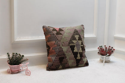 Vintage Turkish Rug Pillow: 16x16 Pink Wool Kilim Pillow Cover