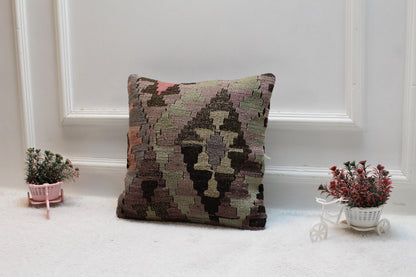 Vintage Turkish Rug Pillow: 16x16 Pink Wool Kilim Pillow Cover
