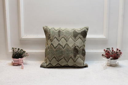 Handmade Kilim Pillow Cover: Geometric Woven Wool, 16x16