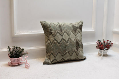 Handmade Kilim Pillow Cover: Geometric Woven Wool, 16x16