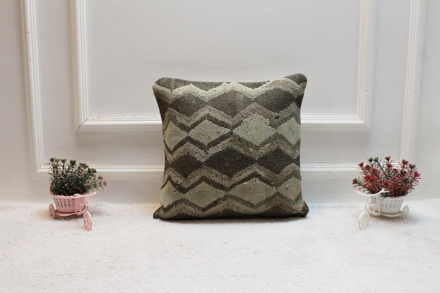Handmade Kilim Pillow Cover: Geometric Woven Rug Cushion (16X16 inc.)