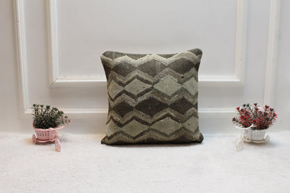 Handmade Kilim Pillow Cover: Geometric Woven Rug Cushion (16X16 inc.)