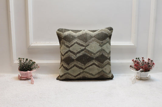 Handmade Kilim Pillow Cover: Geometric Woven Rug Cushion (16X16 inc.)