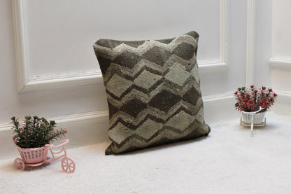 Handmade Kilim Pillow Cover: Geometric Woven Rug Cushion (16X16 inc.)