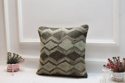 Handmade Kilim Pillow Cover: Geometric Woven Rug Cushion (16X16 inc.)