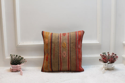 Vintage Kilim Pillow Cover: 16x16 Square Handmade Woven Decor