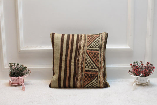 Vintage Kilim Pillow Cover: 16x16 Organic Wool Throw Pillow