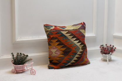 Vintage Turkish Rug Pillow Cover: 16x16 Rainbow Kilim Pillow