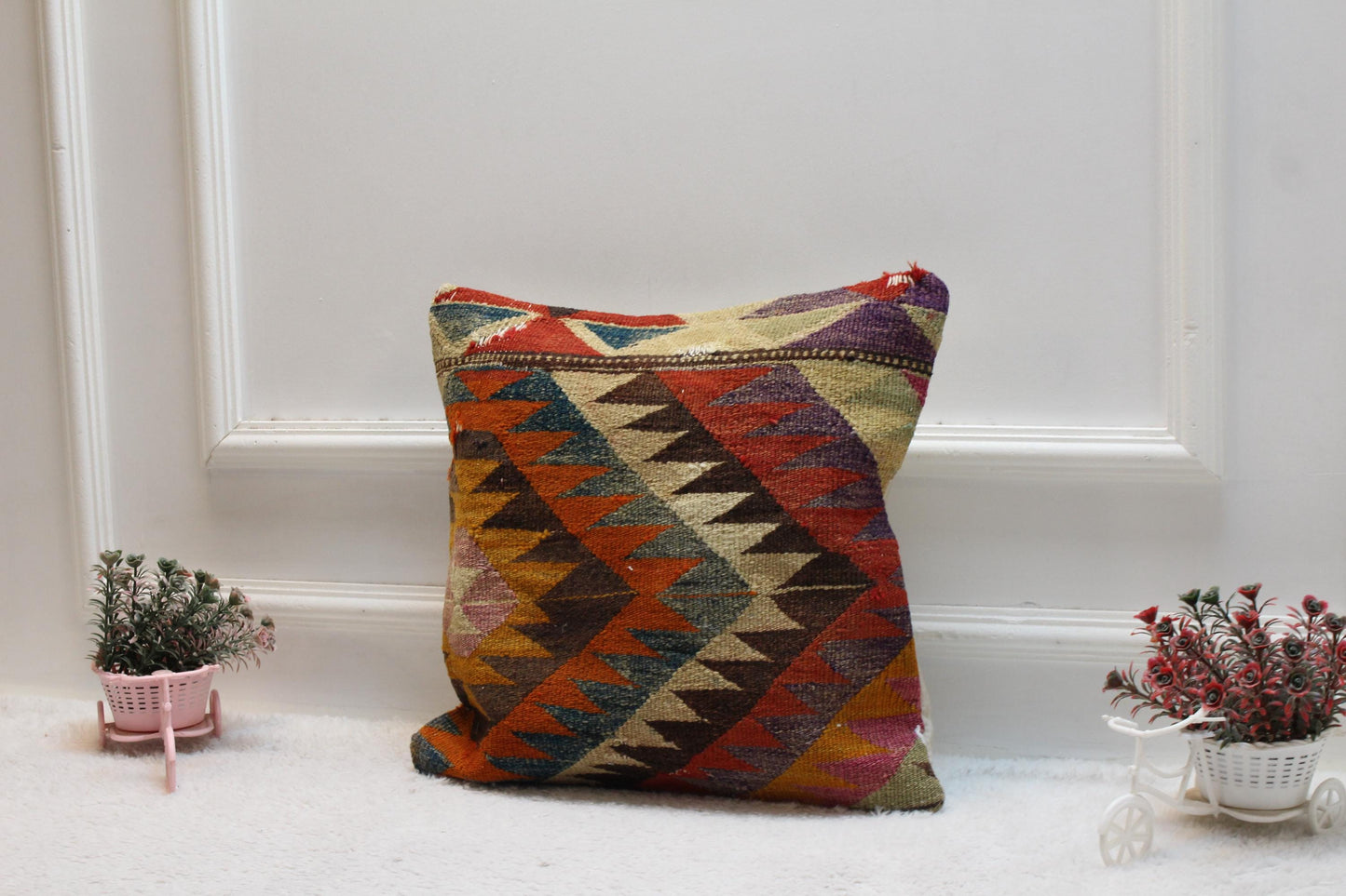 Vintage Turkish Rug Pillow Cover: 16x16 Rainbow Kilim Pillow