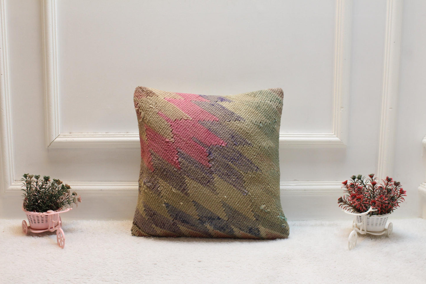 Striped Kilim Pillow Cover: 16x16 Boho Organic Wool Pillow
