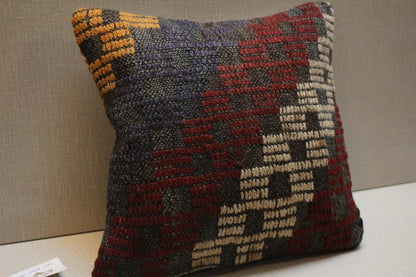 Vintage Turkish Kilim Pillow Cover: Geometric Woven Wool, 12x12