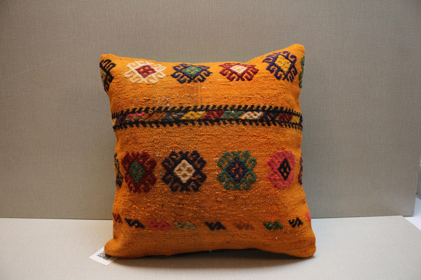 Handwoven Kilim Pillow Cover: Orange Geometric Tribal Rug Pillow