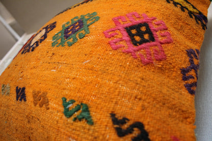 Handwoven Kilim Pillow Cover: Orange Geometric Tribal Rug Pillow