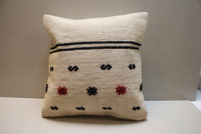 Handwoven Kilim Pillow Cover: Cream, Black & Red Tribal Boho Accent