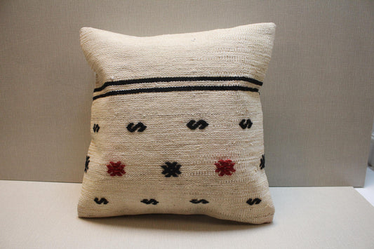 Handwoven Kilim Pillow Cover: Cream, Black & Red Tribal Boho Accent