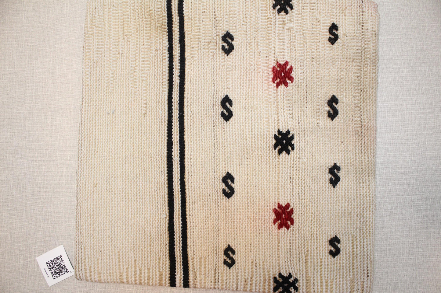 Handwoven Kilim Pillow Cover: Cream, Black & Red Tribal Boho Accent