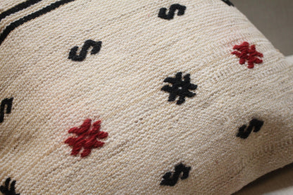 Handwoven Kilim Pillow Cover: Cream, Black & Red Tribal Boho Accent