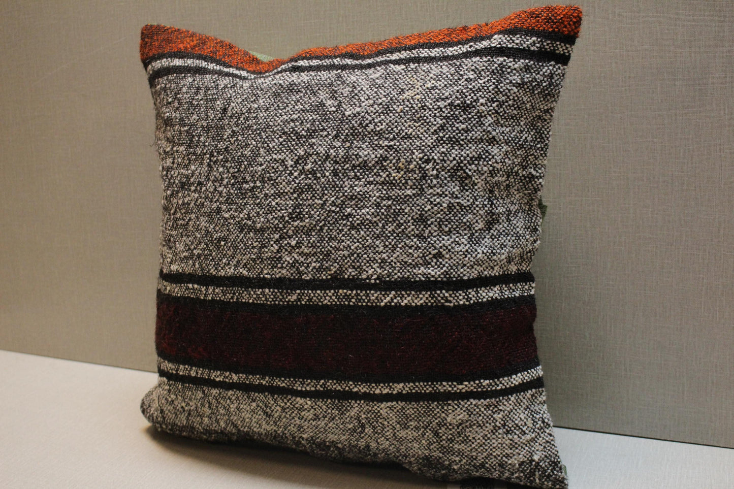 Handwoven Kilim Pillow Cover: Gray, Red, Black Tribal Design